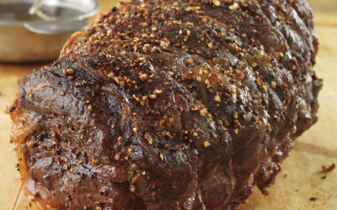 Garlic and Tri-Pepper-Crusted Beef Roast with Balsamic Sauce